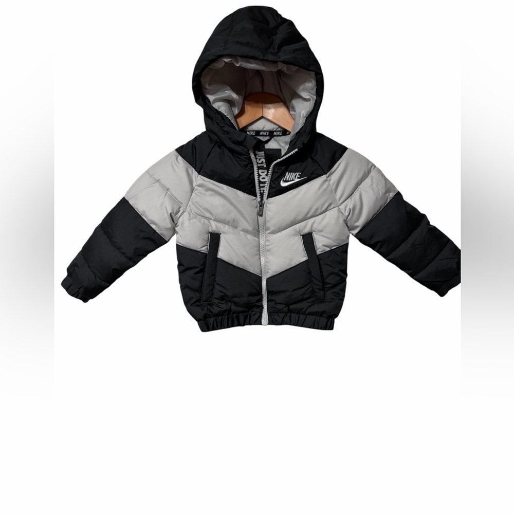 Nike Black and Gray Kids Hooded Chevron Puffer Jacket